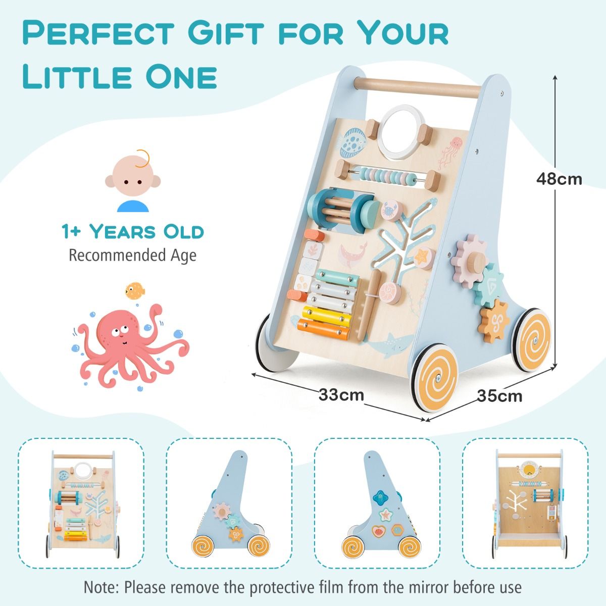 Coast Wooden Baby Rollator Montessori Activity Centre on Wheels - 8-in-1 Push & Pull Toy - Blue - 35 x 33 x 48 cm