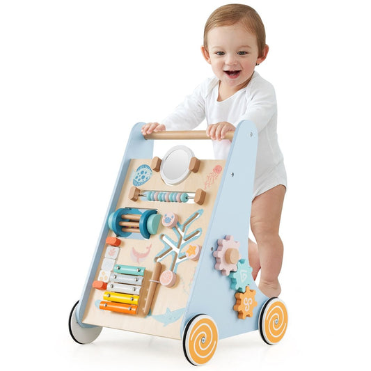 Coast Wooden Baby Rollator Montessori Activity Centre on Wheels - 8-in-1 Push & Pull Toy - Blue - 35 x 33 x 48 cm