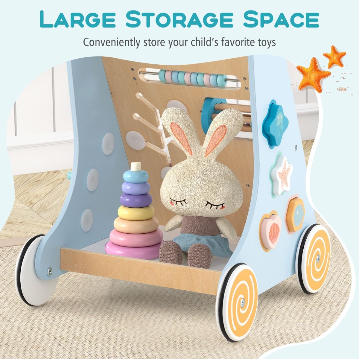 Coast Wooden Baby Rollator Montessori Activity Centre on Wheels - 8-in-1 Push & Pull Toy - Blue - 35 x 33 x 48 cm