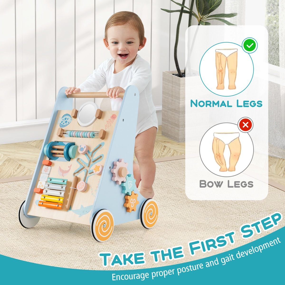 Coast Wooden Baby Rollator Montessori Activity Centre on Wheels - 8-in-1 Push & Pull Toy - Blue - 35 x 33 x 48 cm