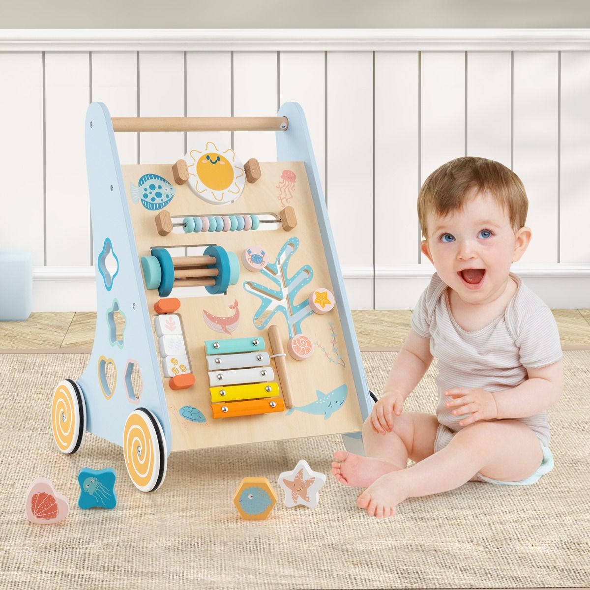Coast Wooden Baby Rollator Montessori Activity Centre on Wheels - 8-in-1 Push & Pull Toy - Blue - 35 x 33 x 48 cm