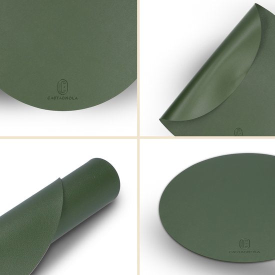Sets de table Castagnola aspect cuir - Sets de table ronds - Sets de table antidérapants en cuir artificiel - Dessous de verre hydrofuge - Dessous de verre - 6 pièces - Diamètre 38 cm - Vert