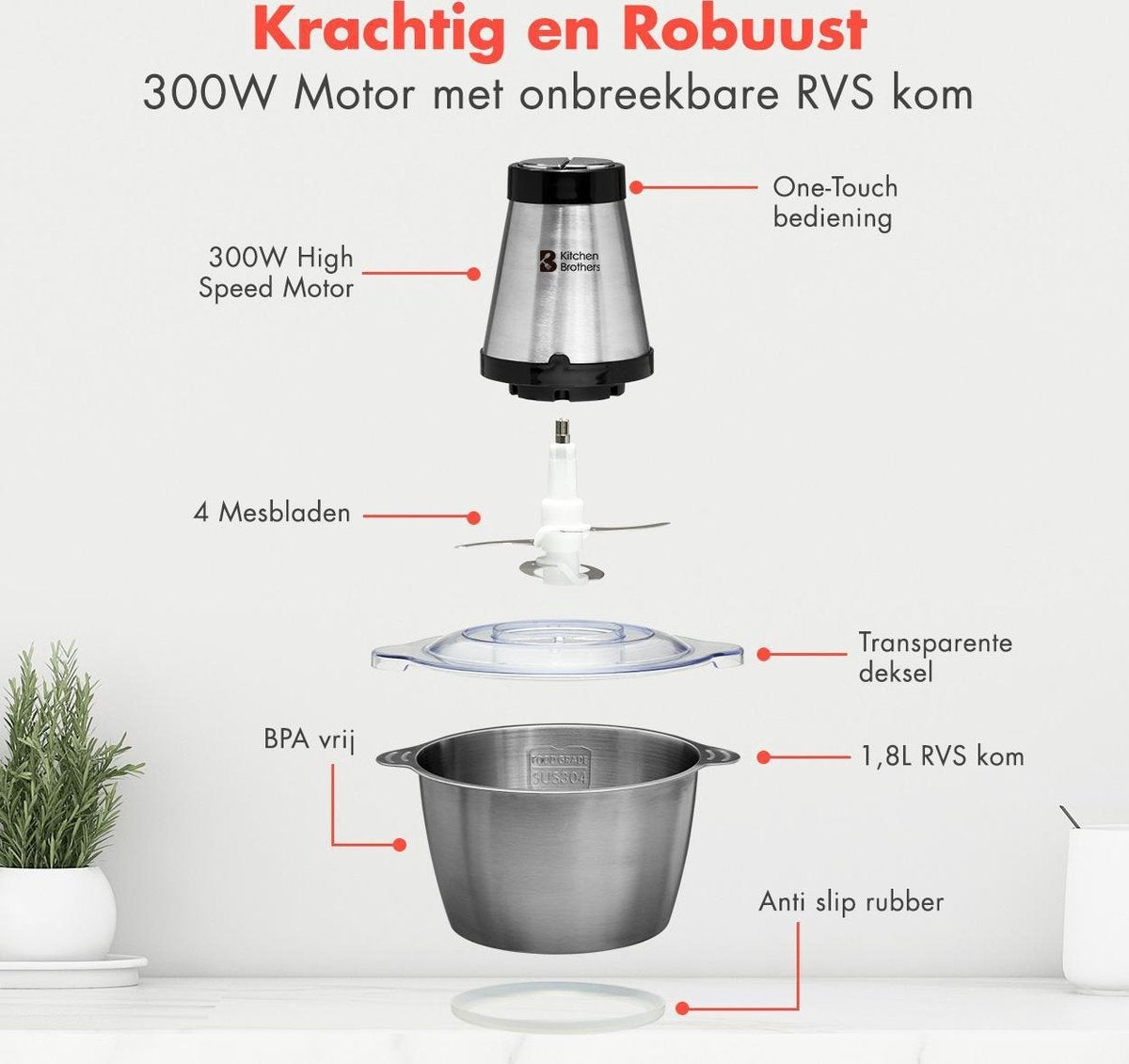 KitchenBrothers Hachoir électrique - 2 vitesses - 300 W - 1.8 L - Bol en acier inoxydable