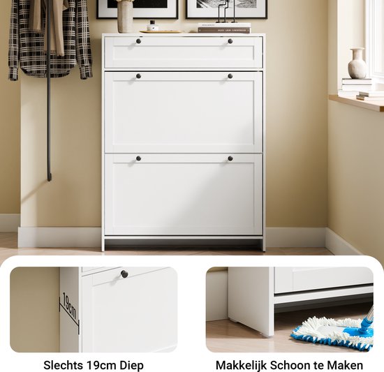 SoBuy - Meuble à chaussures avec 1 tiroir - 80 x 19 x 107 cm & avec 2 portes basculantes - équipé d'un système anti-basculement et de pieds en silicone - pour les couloirs et entrées étroits - Mdf blanc