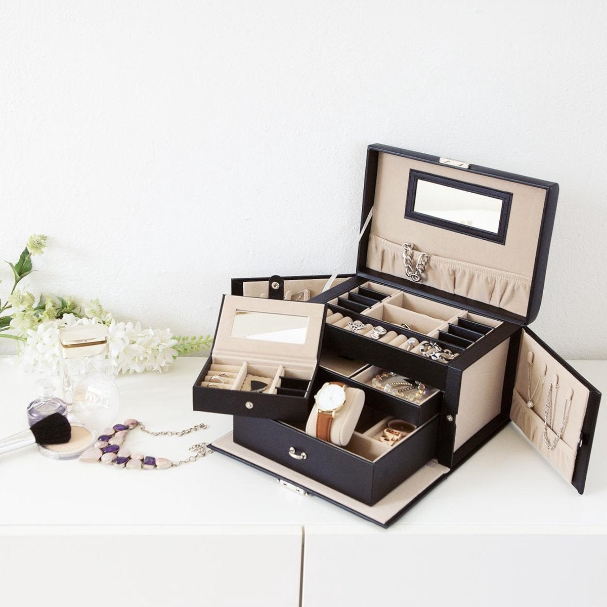 LifeGoods Boîte à bijoux XL - Boîte à bijoux - 20 compartiments - Noir/Beige