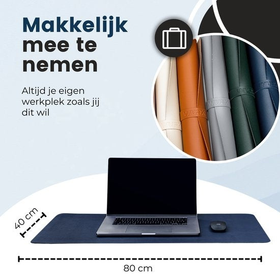 WURK Tapis de bureau professionnel en cuir synthétique - Organisateur de bureau - Accessoires de bureau - Tapis de souris XXL- Inclut un clip de câble - 80x40 - Bleu