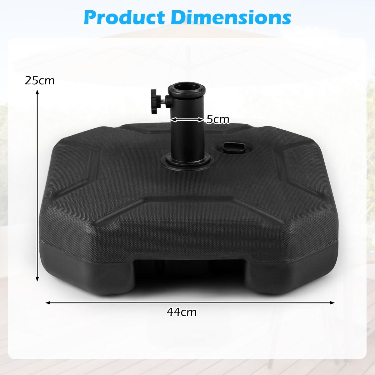 Coast Solid Black Base de parasol 44x44x25 cm - Pour mâts de parasol de 38 mm et 48 mm - 40 kg Rempli d'eau et de sable