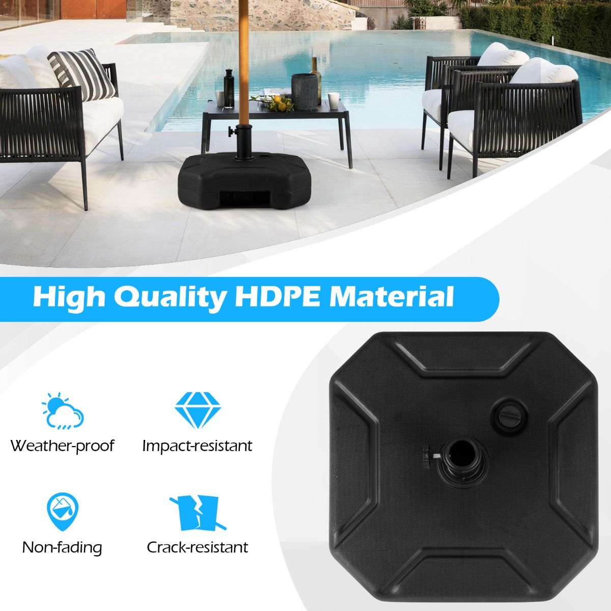 Coast Solid Black Base de parasol 44x44x25 cm - Pour mâts de parasol de 38 mm et 48 mm - 40 kg Rempli d'eau et de sable