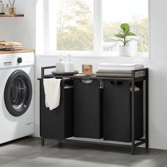 O'DADDY® Panier à linge 3 compartiments - trieur de linge - extensible avec étagère - 92.5 x 33 x 71 cm - panier à linge - 114L divisé en 3 poches - paniers à linge - panier à linge métal noir - gris foncé