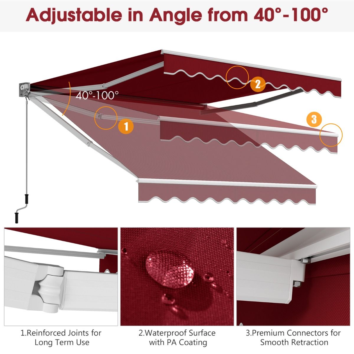 Coast Parasol manuel extensible 295x250 cm - Rouge - Structure en aluminium - Angle réglable 40°-100° - Sans perçage