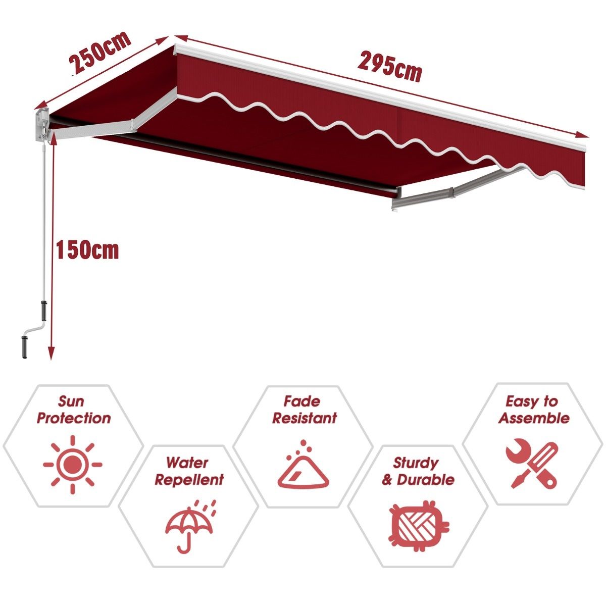 Coast Parasol manuel extensible 295x250 cm - Rouge - Structure en aluminium - Angle réglable 40°-100° - Sans perçage