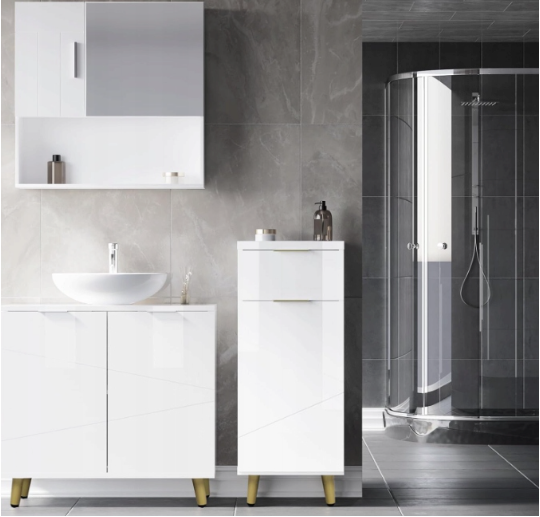Meuble-lavabo Woltu – Avec 2 portes à panneaux, une étagère réglable et des détails dorés – À placer sous le lavabo – Bois composite blanc et doré – 60 x 60 x 30 cm