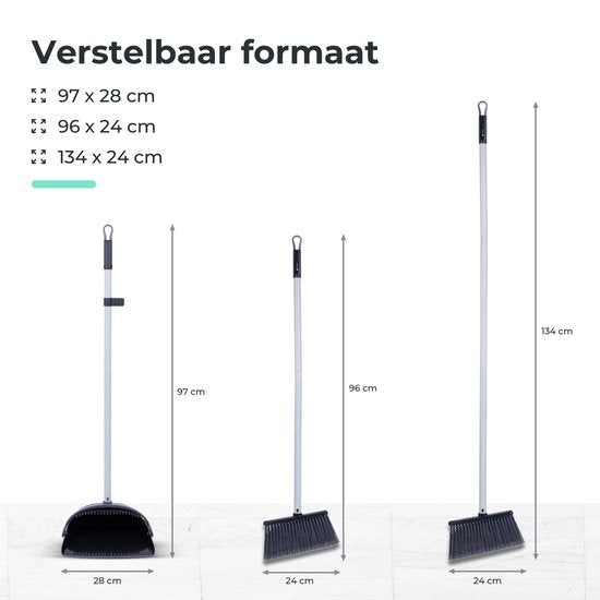 CLEANLY Pelle à poussière et brosse avec long manche 134 cm - Balai pour l'intérieur et l'extérieur - Fibres de brosse innovantes - Noir, Gris
