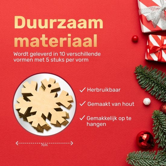 Giftmas Boules de Noël en bois - Décorations de Noël pour l'intérieur - Boule de Noël en bois - Noël - 10 Formes - ?7.5cm - 50 Pièces