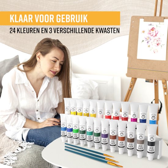 NAPI Peinture acrylique 24 couleurs + 3 pinceaux - Prêt à l'emploi - Cercle de couleurs inclus - Peinture Hobby - Peinture acrylique - 24 Tubes