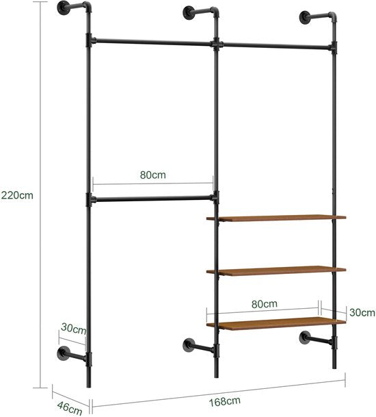 SoBuy armoire à vêtements industrielle avec 3 barres et 3 étagères en MDF, armoire ouverte robuste, noir industriel KLS18-SCH