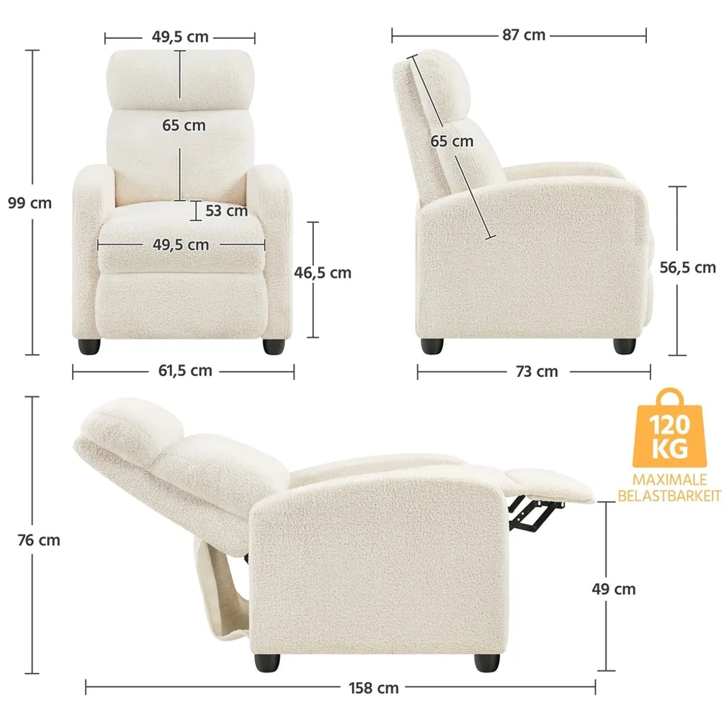 Fauteuil de détente Yaheetech - Dossier réglable - Repose-pieds - Bouclé - Crème