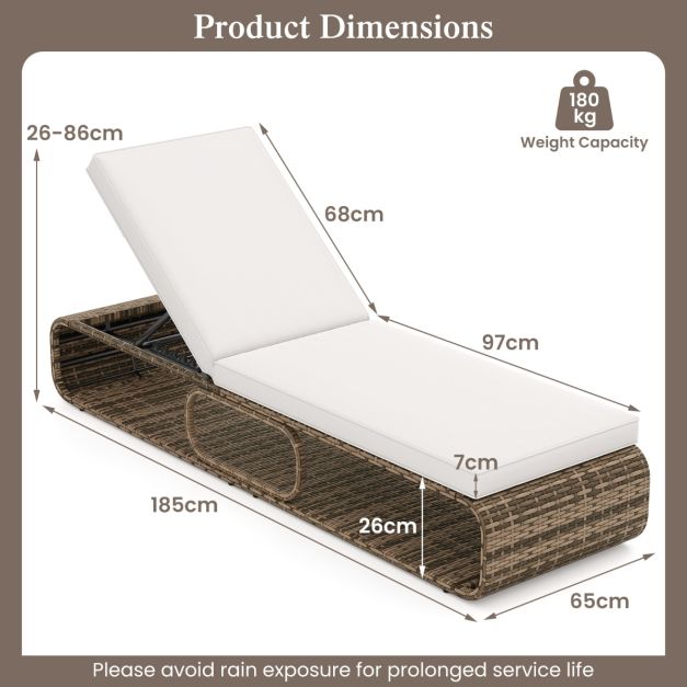 Chaise longue Coast - Rotin - Réglable - Rangement - Coussin - 185 x 65 x 26-86 cm - Brun mixte