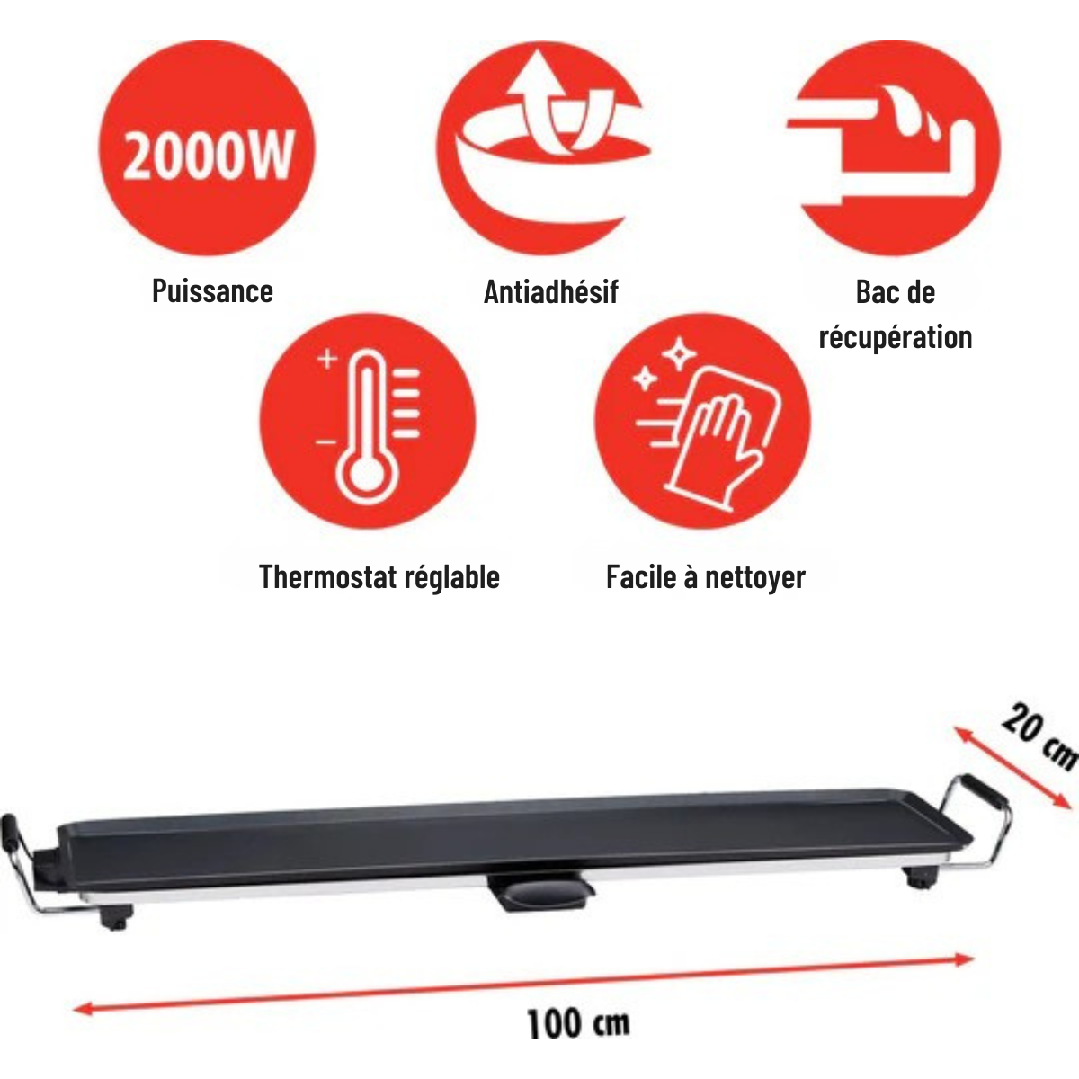 Plaque Teppanyaki XXL - Alpina - Plaque de cuisson - 100x20 cm - 2000 W - Thermostat réglable - Revêtement antiadhésif - Noir