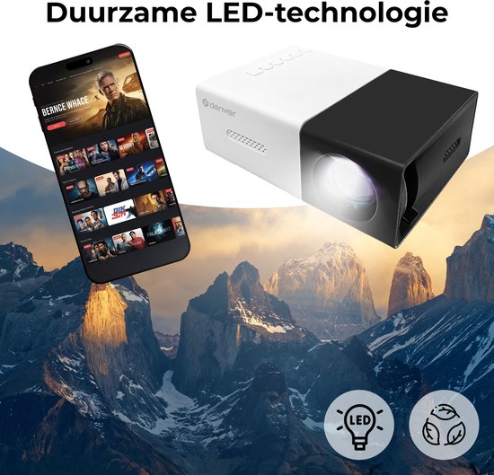 Denver Mini Beamer Full HD - Streaming depuis votre téléphone (USB-C) - Mini projecteur - Télécommande incluse - HDMI/AUX/USB-C - PR800
