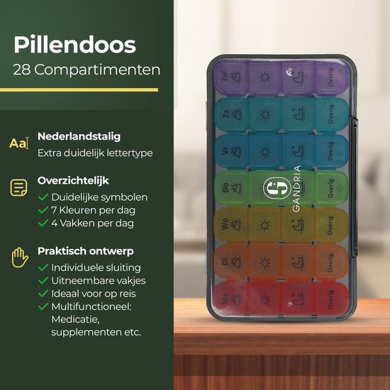 Boîte à pilules Gandria 7 jours - Boîte à pilules amovible - Boîte à médicaments avec 28 compartiments - Boîte à médicaments avec fermeture solide - 4 compartiments par jour