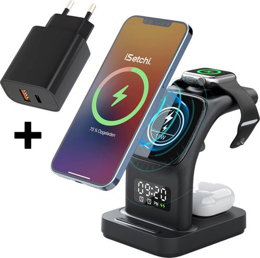 iSetchi MagSafe 5-in-1 Wireless Charger (15W USB-C fast charger) - Avec lampe LED, horloge numérique et fonctions d'alarme - Convient pour iPhone, Apple iWatch et Airpods - Station Qi sans fil - Chargeur GSM