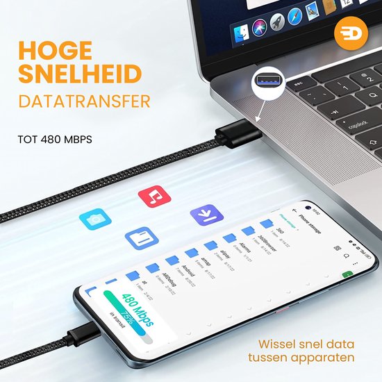 Drivv. Câble USB vers USB C - Chargeur rapide - Câble de données et de charge USB C - 3 mètres - Convient à Samsung, iPhone 15 et autres - Noir