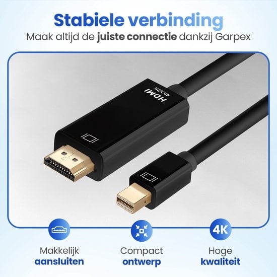 Garpex® Câble Mini DisplayPort vers HDMI - Câble Mini DP vers HDMI - Câble HDMI - 4K 30Hz Ultra HD - Noir - 1,8 mètres