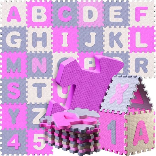 Spielwerk XXL Tapis de puzzle - Mousse 86 pièces Figures Lettres - Rose