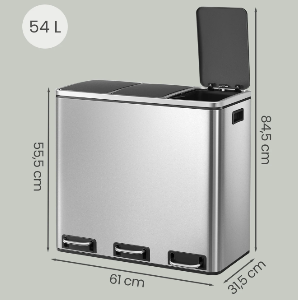Poubelle Joyfurnos à 3 compartiments 3 x 18 L - Argent et noir - 61 x 31,5 x 55,5 cm