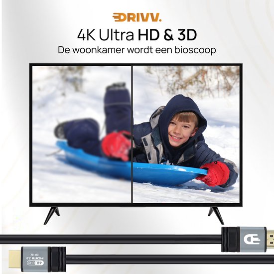 Câble HDMI Drivv. Premium 2.0 - Ultra HD 4K 60 Hz - HDMI vers HDMI - Compatible avec les consoles de jeux - 10 mètres - PVC - Gris