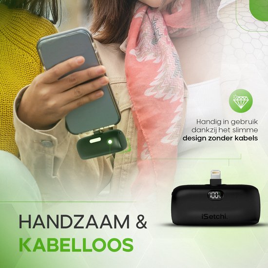 iSetchi Mini Powerbank 5000 mah - Taille compacte - Batterie externe - Câble intégré - Pack d'urgence - Câble Lightning - Affichage LED - Convient à l'iPhone - Noir