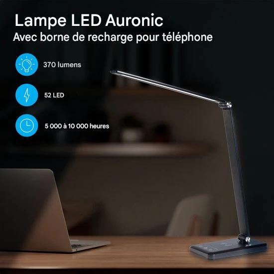 Lampe de bureau Auronic - LED - Chargement mobile USB et sans fil - Minuteur - Lampe à pince dimmable - Lumière blanche et chaude - Noir
