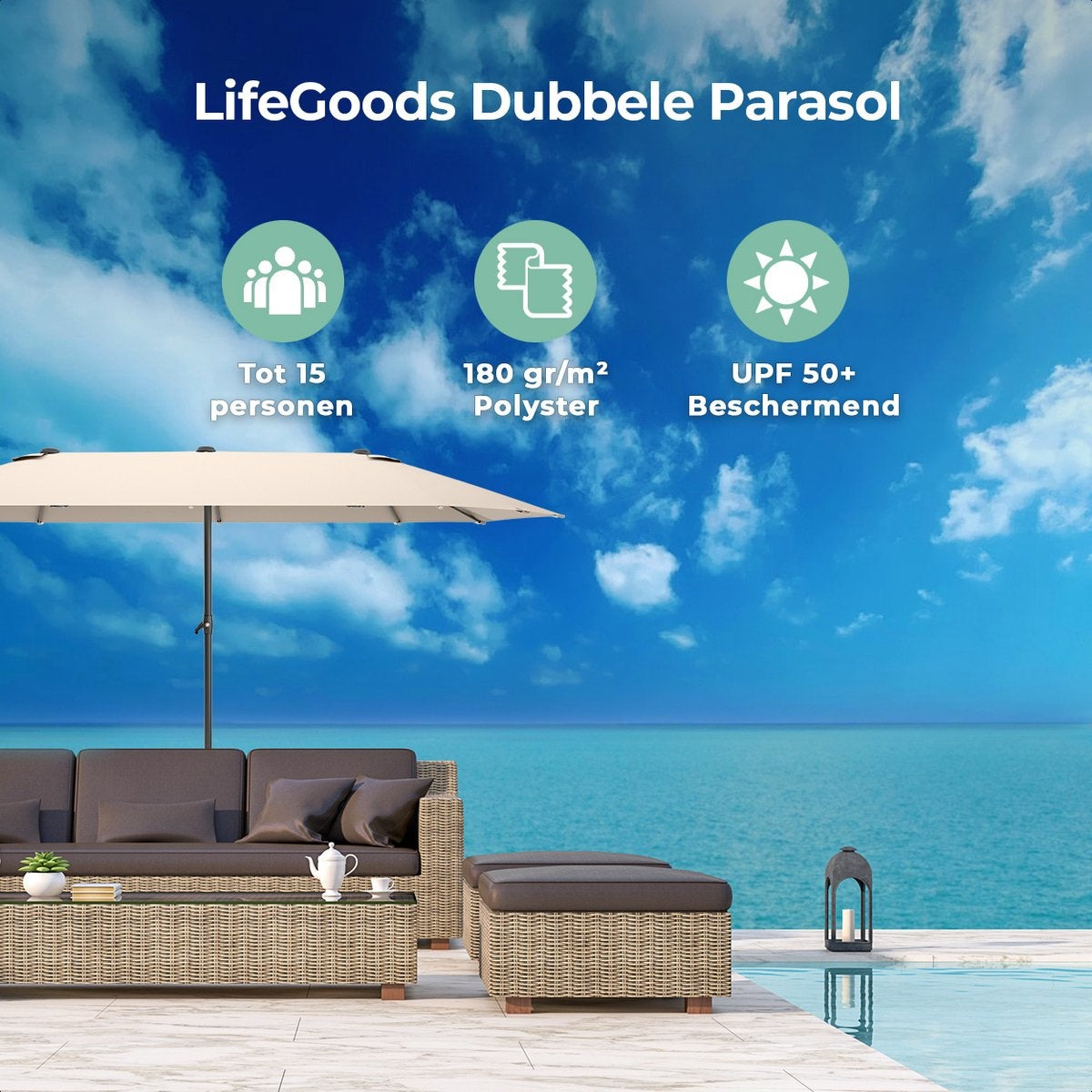 LifeGoods Parasol double - 270x460cm - jusqu'à 15 personnes - imperméable - avec housse - Taupe