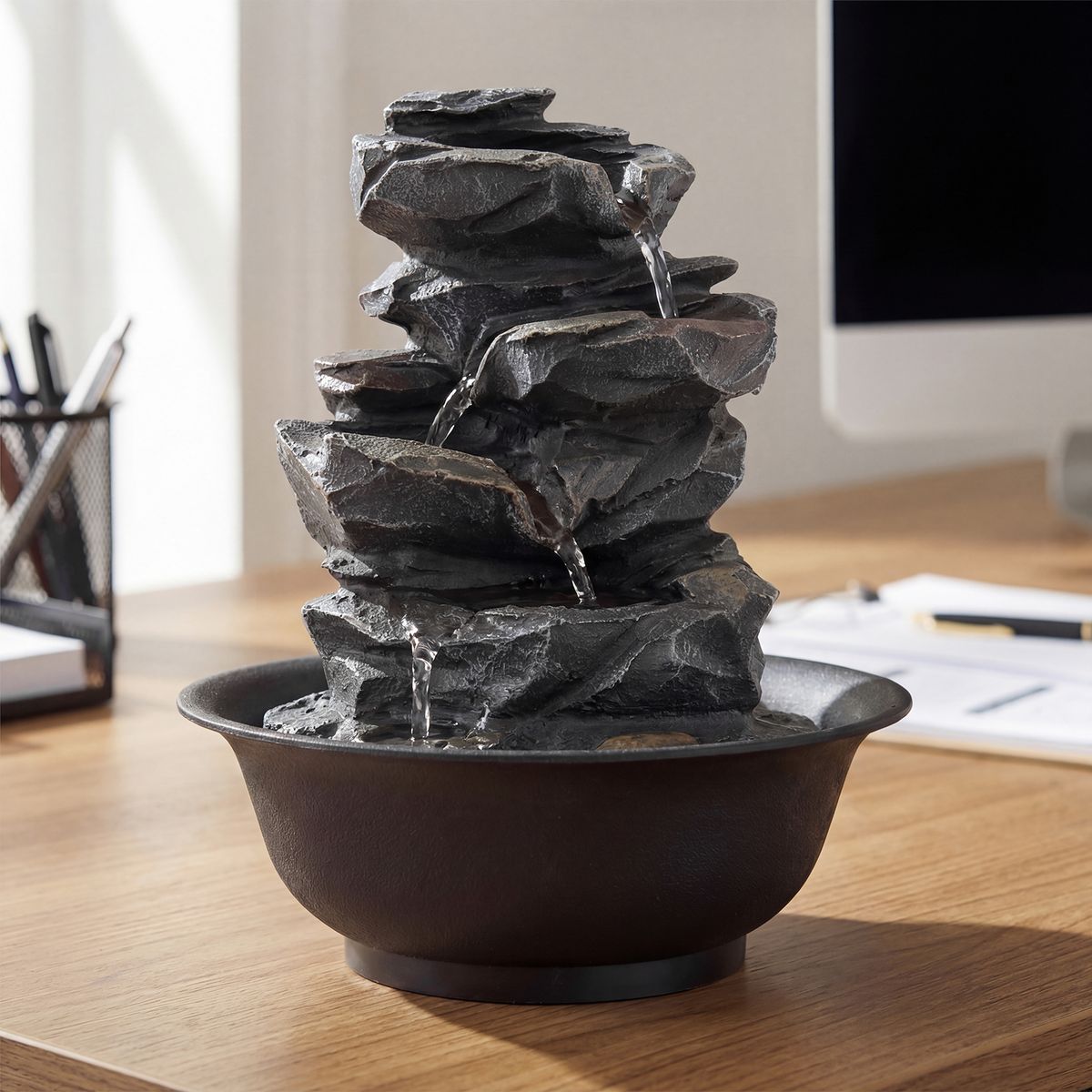 Fontaine de table Coast - cascade aspect rocheux - éclairage LED - noir - 21,5 x 26 cm