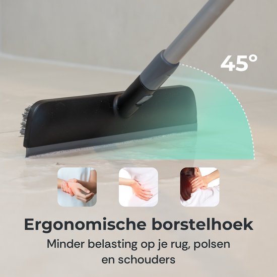 CLEANLY Brosse à récurer et raclette de sol avec manche - Brosse de nettoyage - Brosse à récurer avec manche - Brosse à récurer - Raclette - Réglable 116-144 cm - Largeur 30.5 cm - Noir, Gris