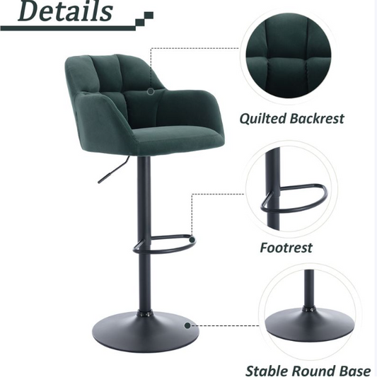 Lot de 2 tabourets de bar WAHSON en velours vert - Réglables en hauteur de 65 à 87 cm - Pivotants