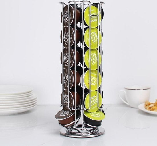 Zindoo Porte-capsules à café - Support pour tasses à café - 24 tasses - Capsule - Dolce Gusto - Rotatif - Café - Espresso - Support en métal - Antidérapant - Distributeur de tasses - Organisateur de blocs - Argent - Porte-capsules à café