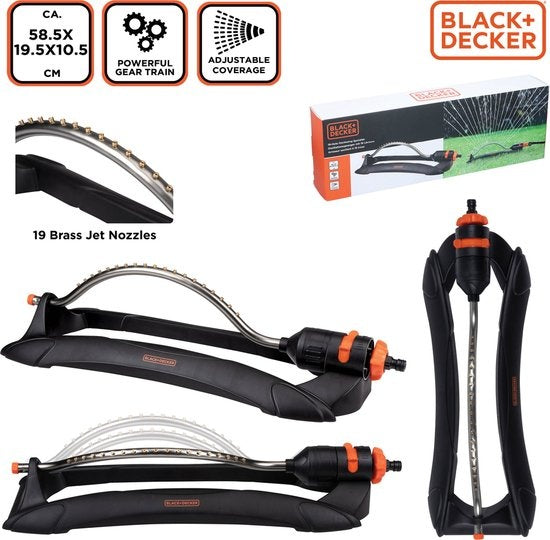 BLACK+DECKER Arroseur de pelouse - 19 trous - 58.5 x 19.5 x 10.5 CM - Arroseur de jardin pivotant - Noir/Orange
