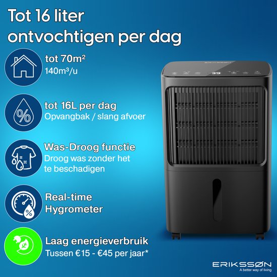 Déshumidificateur - Erikssøn - Déshumidifie jusqu'à 16 litres par jour - Fonction Séchage - Noir