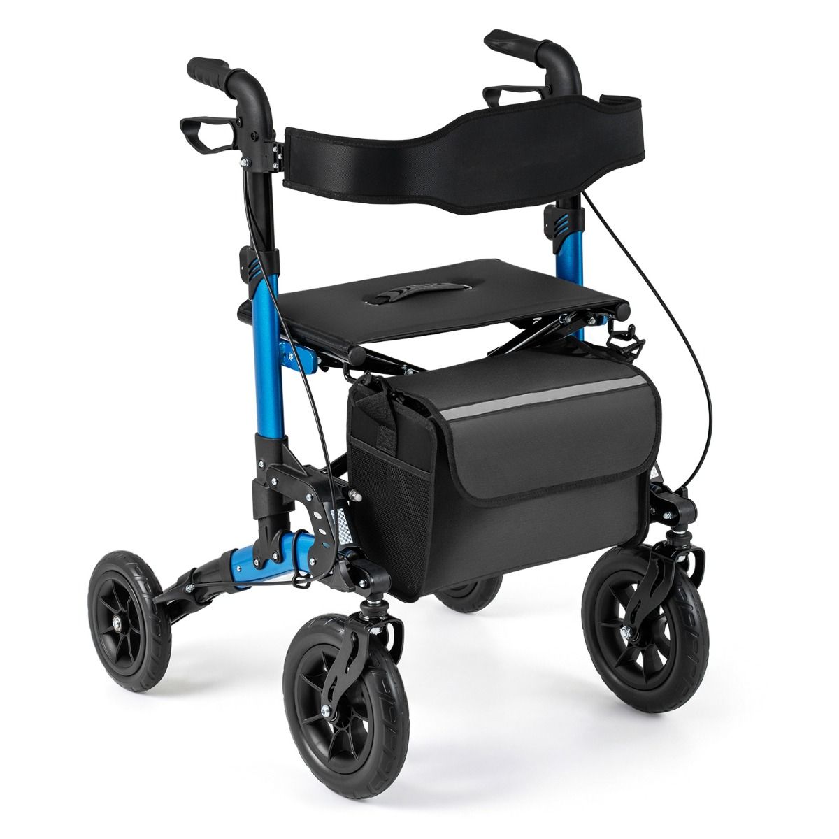 Rollator pliable Coast pour seniors - Siège avec dossier en filet - Grandes roues et porte-canne - bleu