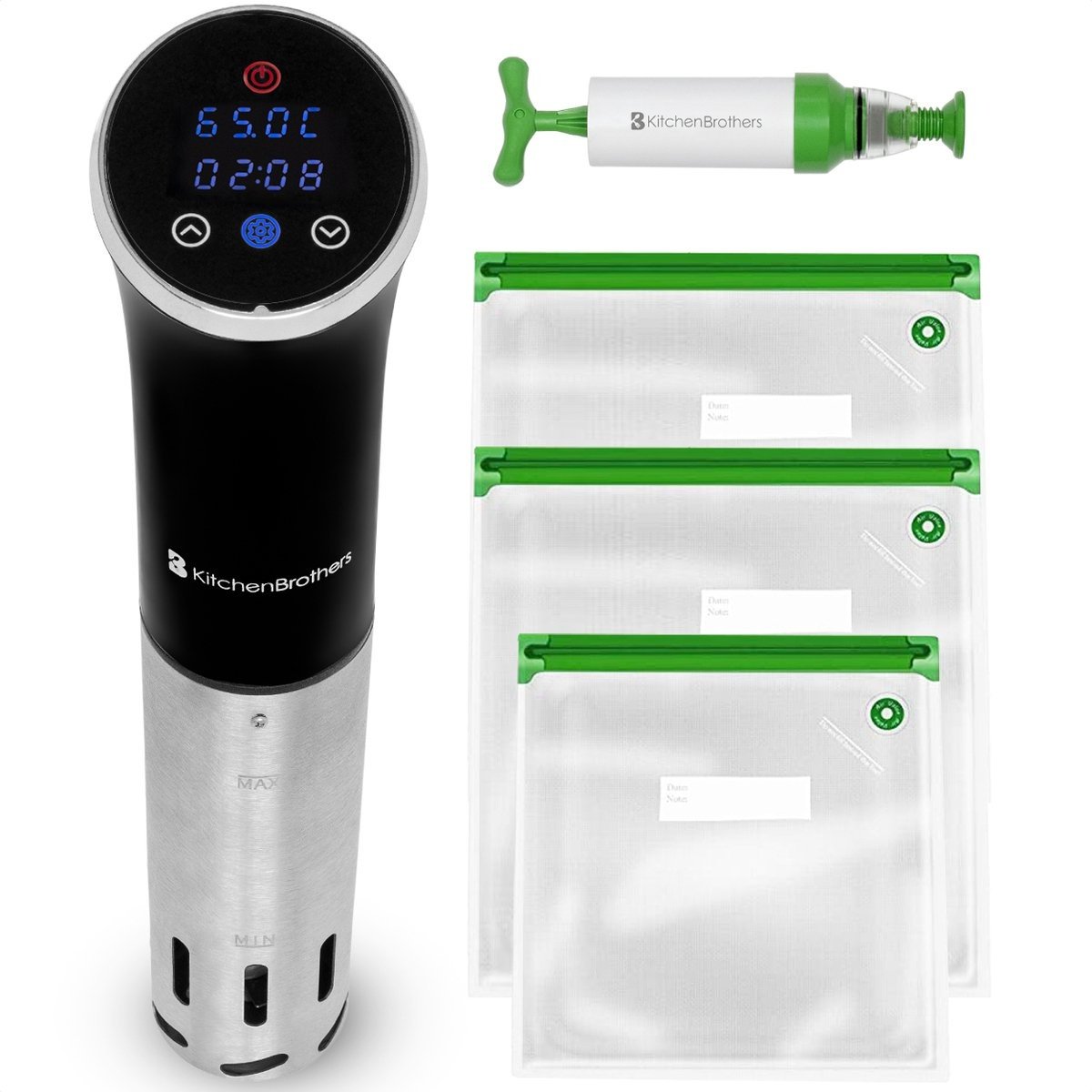 Sous Vide Stick - KitchenBrothers - avec livre de cuisine - 1200W - Black/RVS