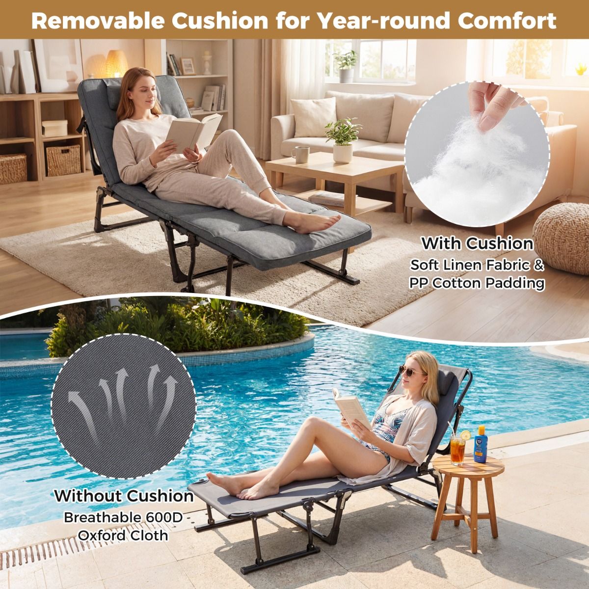 Lit de camping Coast 3-en-1 : lit de camp et chaise longue pliables - 6 positions - Gris et noir