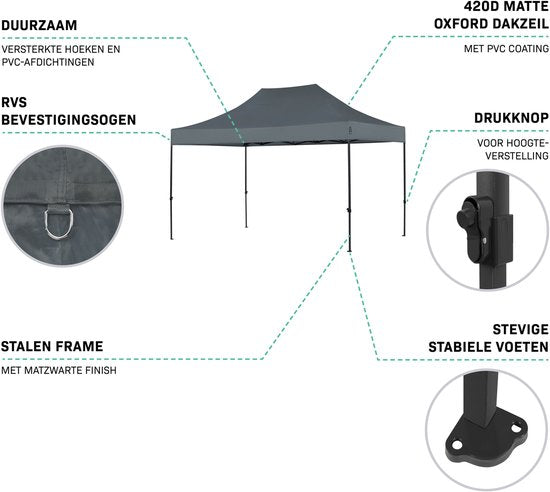 Tente de réception VONROC - 3 x 4,5 m – Tente de réception Premium à montage facile – Conception modulaire – Pliable – Imperméable – Armature en acier – Protection UV 50+ – Sac de rangement inclus – Gris
