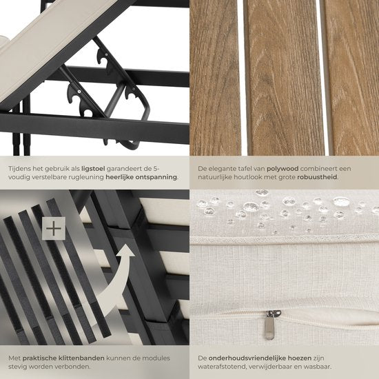 tectake® - Magaluf lounge set - Salon de jardin 5 en 1 avec structure en aluminium - 2 fauteuils de jardin et 1 table basse - Peut être utilisé comme chaise longue, banc d'angle ou banc de jardin 2 places - Coussins inclus - Set de balcon 2 personnes