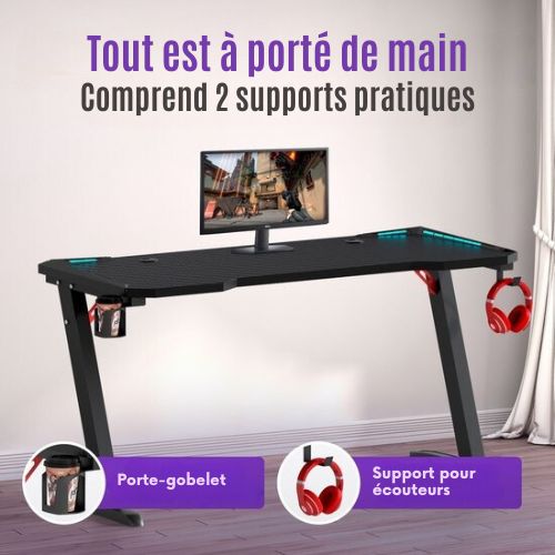 Bureau de gaming - Avalo - 140x60x73 - CM Éclairage LED Intégré - Noir