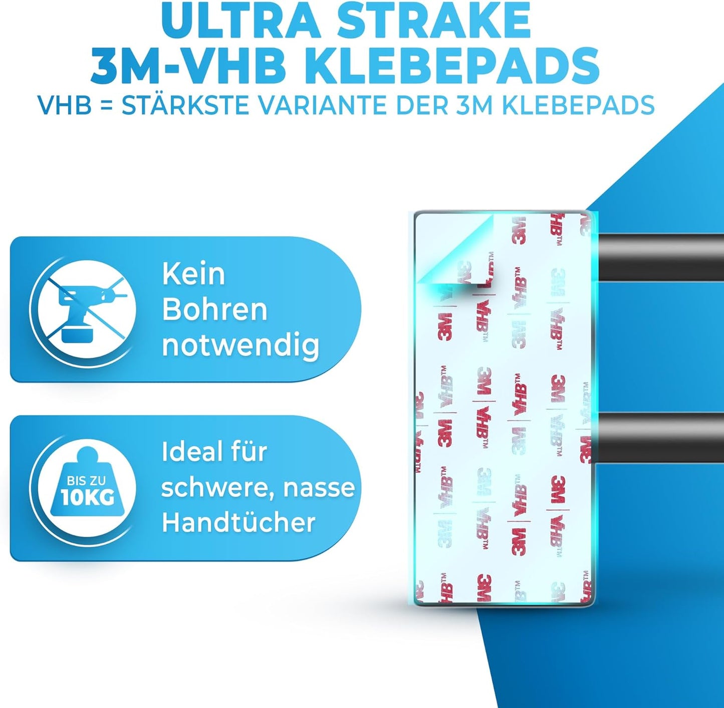 LOBUX® - Porte-serviettes sans percer noir - 80cm, inox - Porte-serviettes salle de bain double, autocollant - Barre porte-serviettes, porte-serviettes de bain incl. 2 crochets porte-serviettes - Salle de bain, paroi de douche, cuisine
