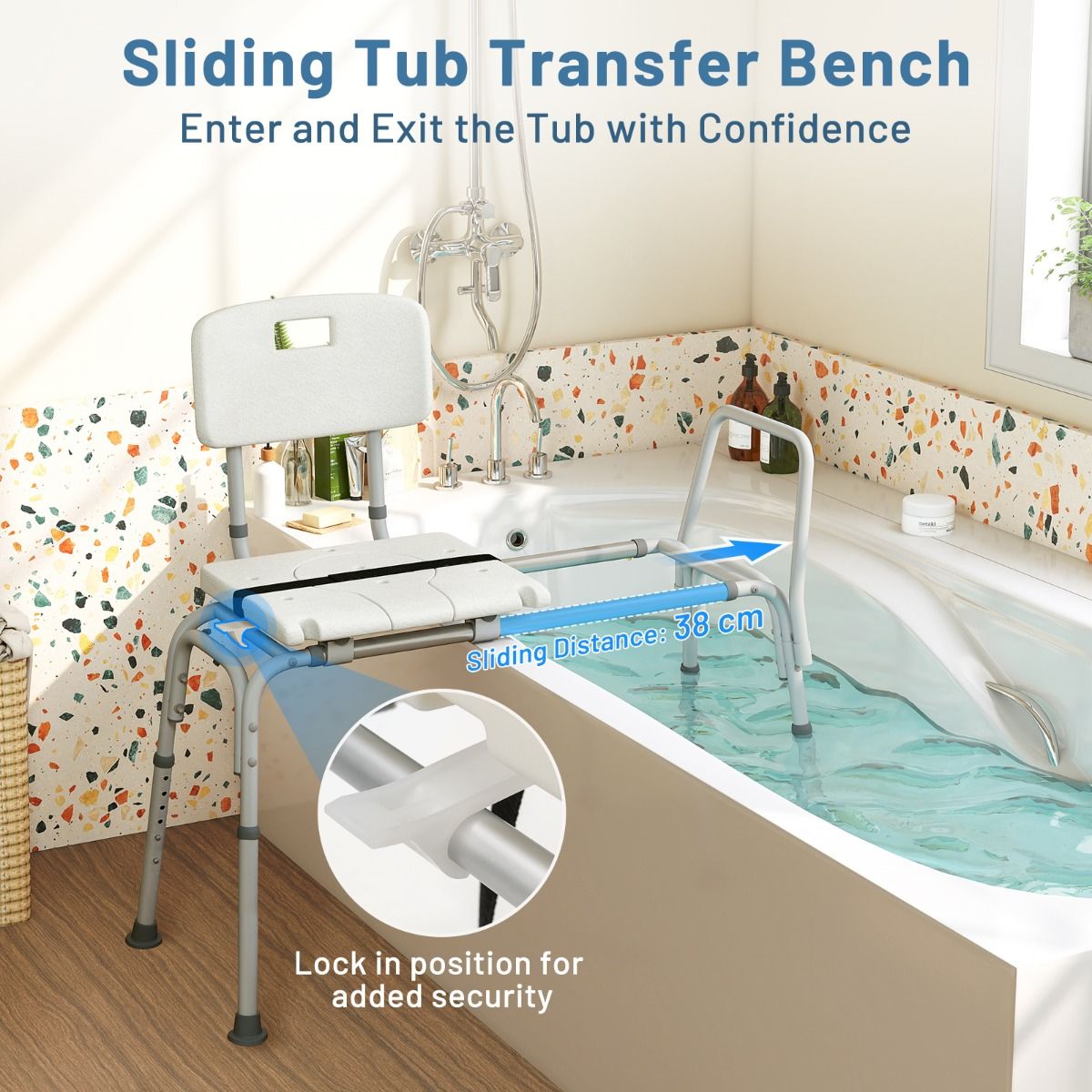 Coast Bathtub Bench 105x49x85-95 cm - White - Siège extra large, réglable en hauteur, avec ceinture de sécurité