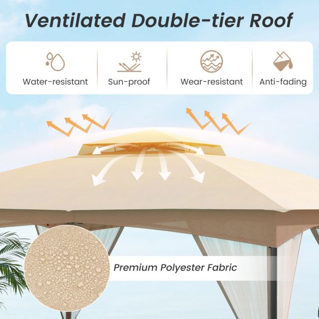 Coast Pavilion Khaki - Pavillon de jardin de 3 x 3,6 m avec double toit, murs en grillage et sacs de sable - 365 x 300 x 288 cm