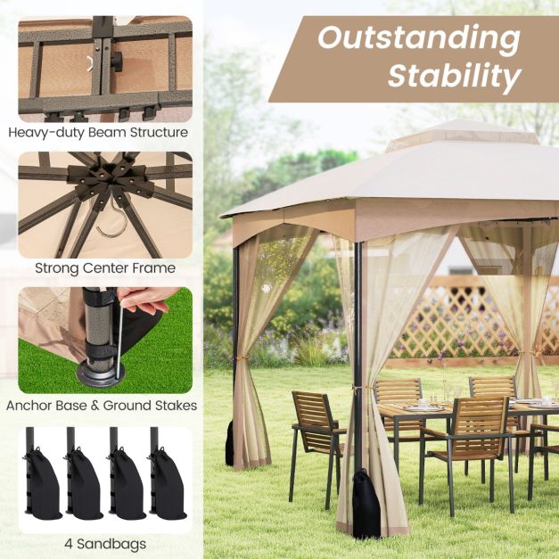 Coast Pavilion Khaki - Pavillon de jardin de 3 x 3,6 m avec double toit, murs en grillage et sacs de sable - 365 x 300 x 288 cm